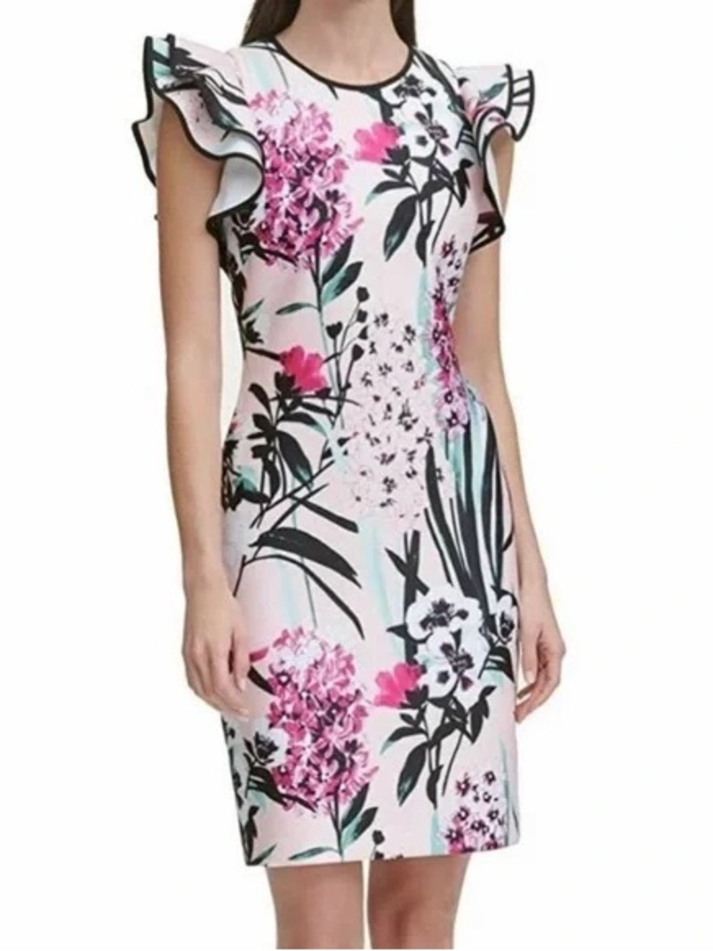 NWT Tommy Hilfiger Pink Floral Flutter Ruffle-Sleeve Scuba Sheath Dress Size 12